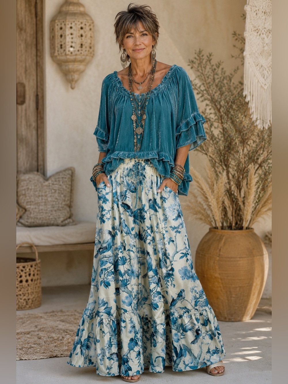 H245 NWT A Rare Bird OS Set Teal Blue Boho Velvet Top Floral Bird Wide Leg Pants - Picture 1 of 16